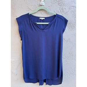PLEIONE Navy Blue V Neck Cap Sleeve Pleated Back Blouse Top Women's S